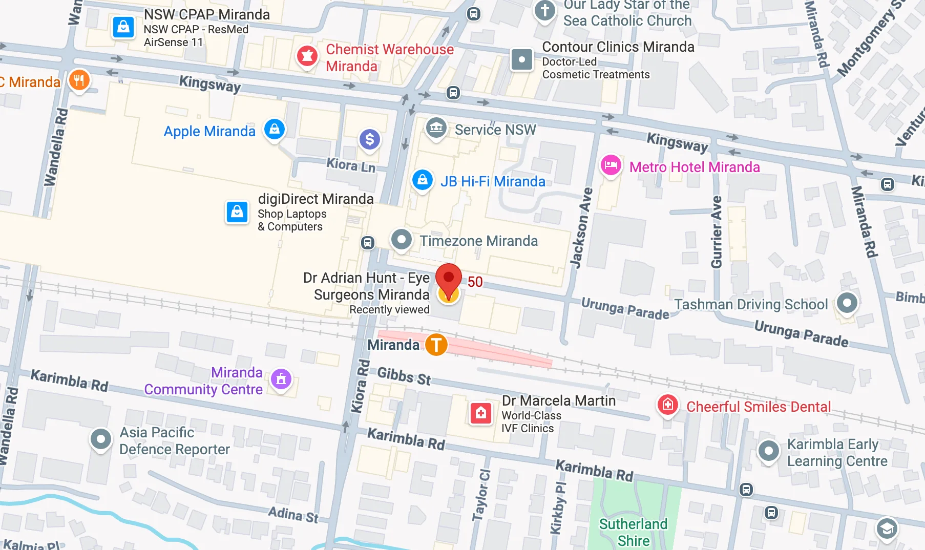 Map showing Eye Surgeons Miranda at Suite 6, 50–52 Urunga Parade, Miranda