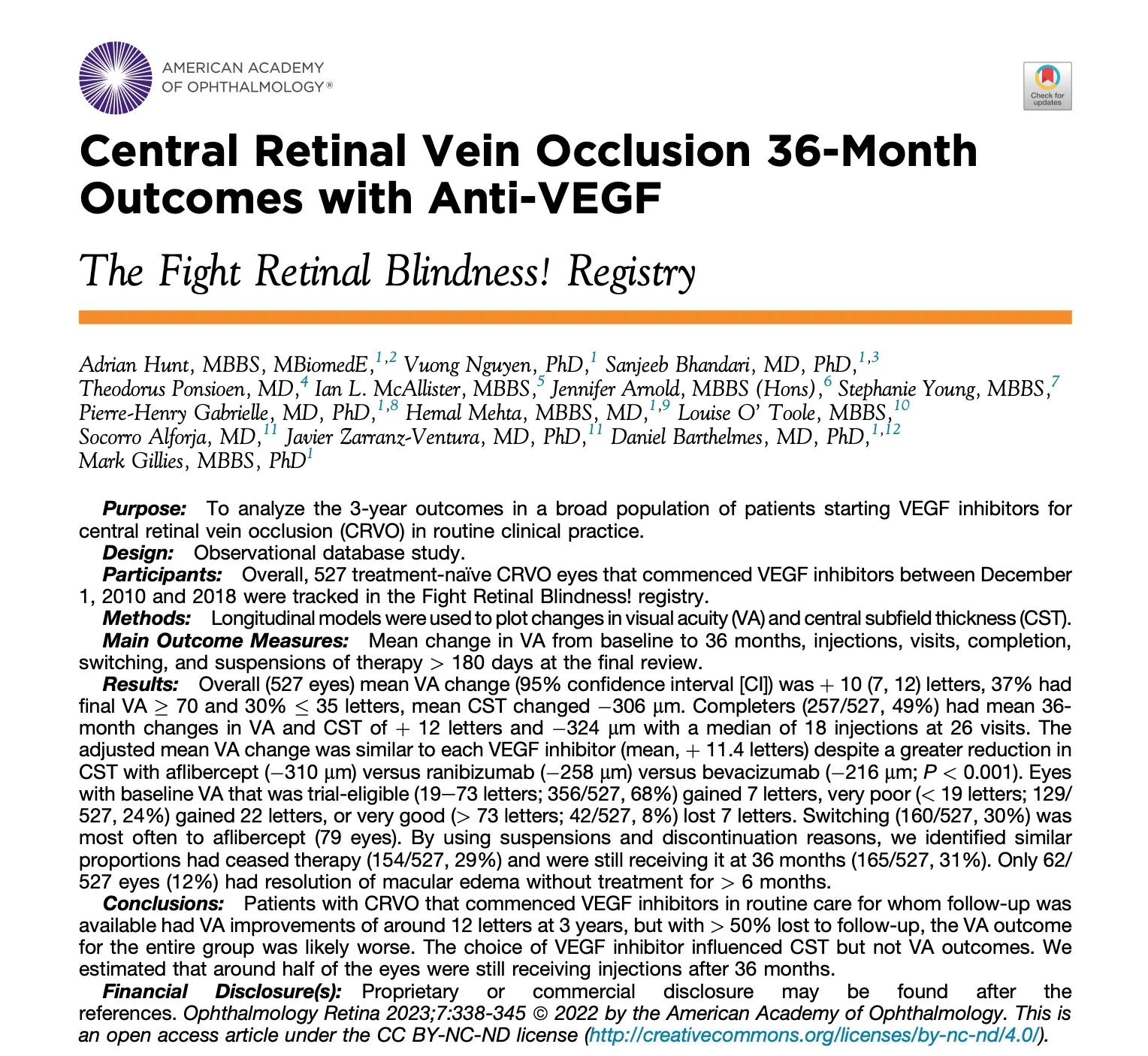 Three-year CRVO outcomes paper published in Ophthalmology Retina