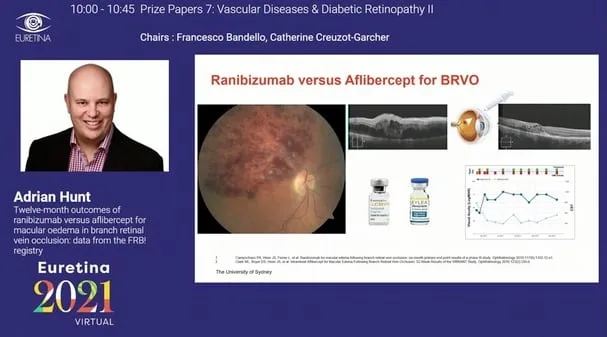 Dr Adrian Hunt presenting the BRVO Prize Paper at EURETINA 2021