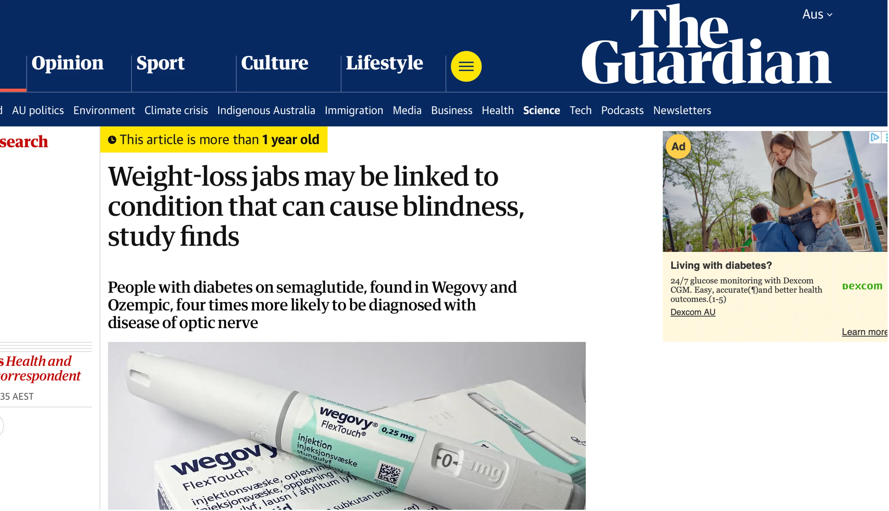 Guardian headline — weight-loss jabs may be linked to a condition that can cause blindness