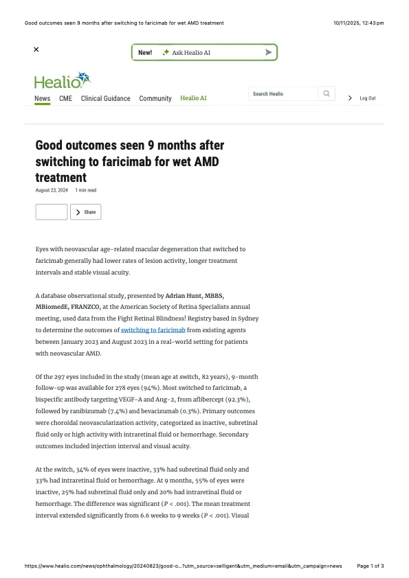 Healio Ophthalmology feature on Dr Hunt's faricimab switching research at ASRS 2024