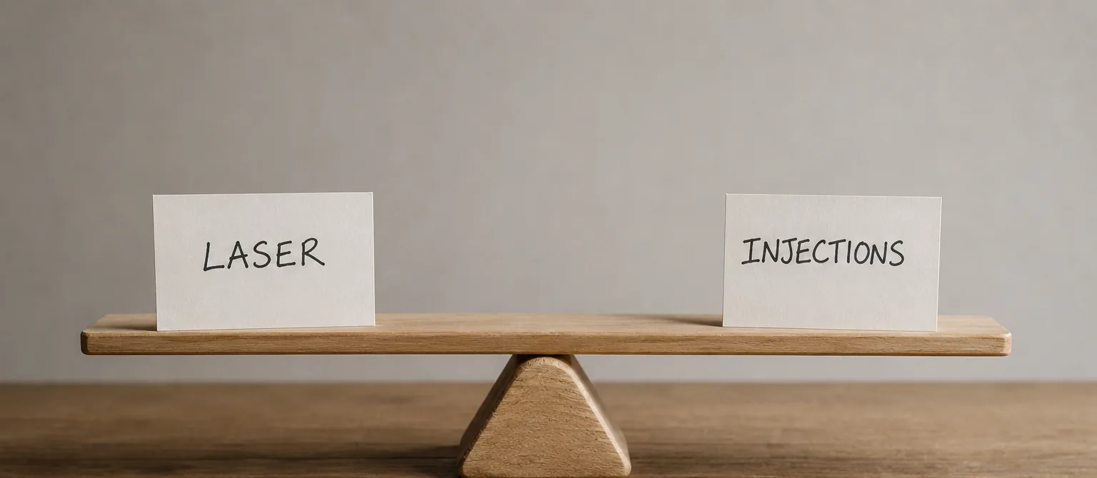 Cards labelled LASER and INJECTIONS resting on either end of a balanced wooden seesaw
