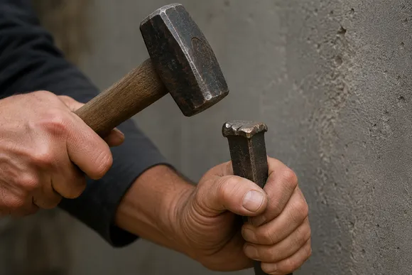 A worker striking a steel chisel with a hammer — metal-on-metal work that can throw a high-speed fragment capable of penetrating the eye