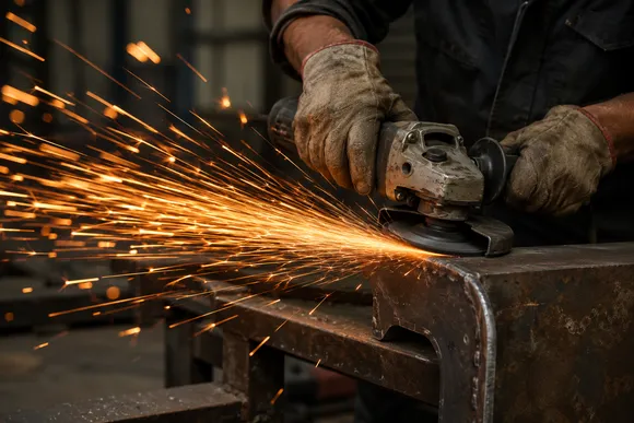 An angle grinder throwing a shower of sparks while cutting metal — the most common cause of a metallic corneal foreign body