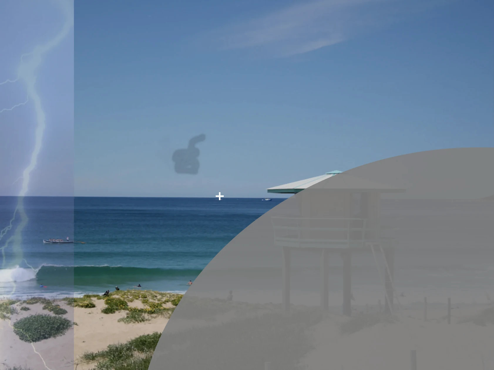 The same beach scene with a retinal detachment illustrated on it: a dull grey shadow advancing from the periphery towards the centre